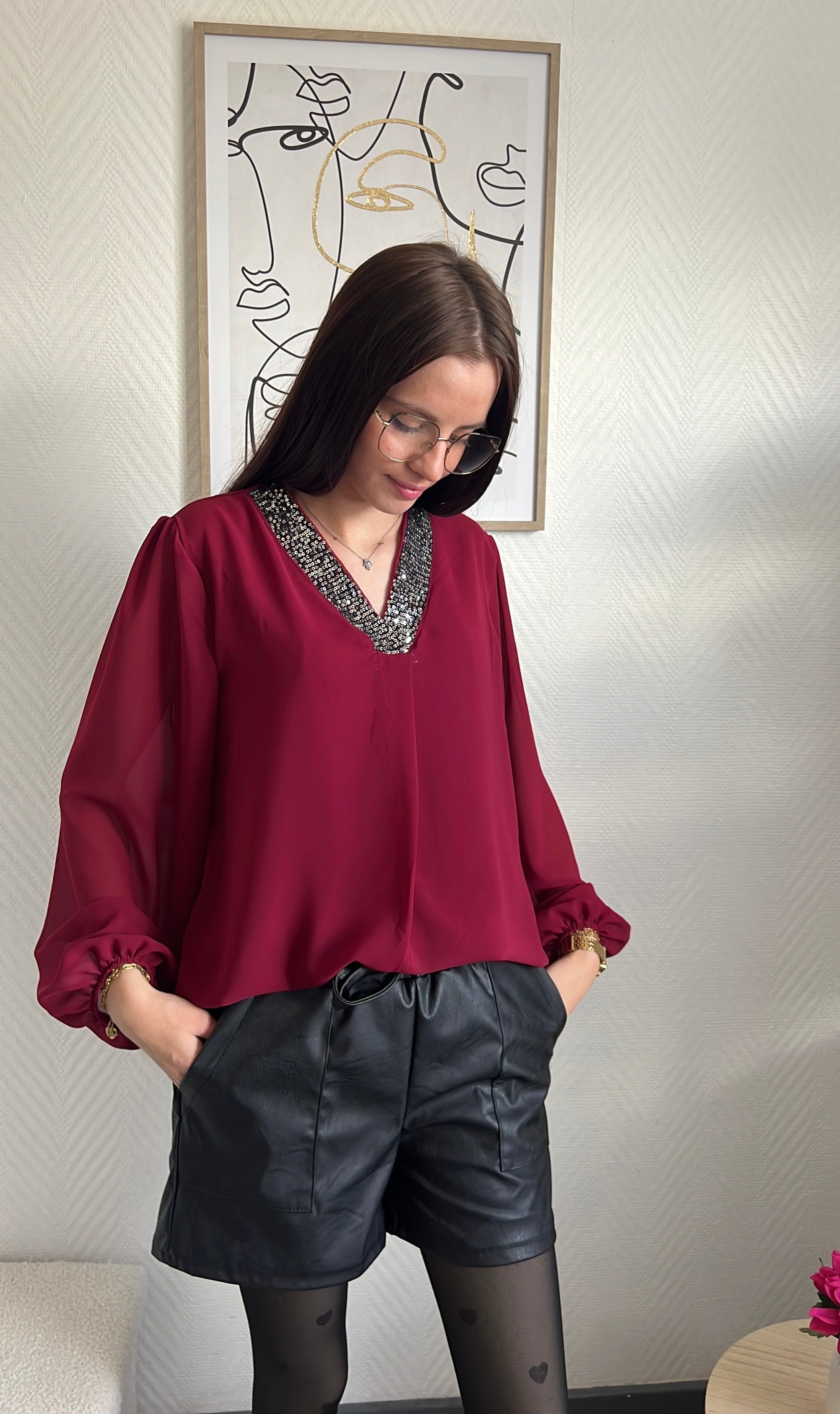 Blouse col à sequins (Livia) Bordeaux